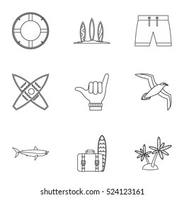 Surfing icons set. Outline illustration of 9 surfing vector icons for web