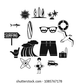 Surfing icons set in simple style. Summer elements set collection vector illustration