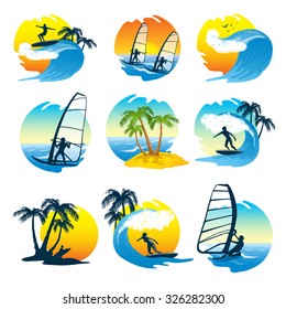 Surfing  icons set with sun  beach and people on the wave  isolated vector illustration