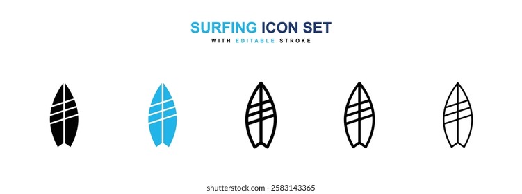 Surfing icons vector collection in black and blue colors on white background