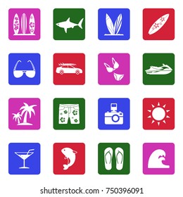 Surfing Icons. White Flat Design In Square. Vector Illustration. 