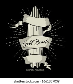 Surfing illustration and emblem with lettering. Stylized image of surf,  ribbon in vintage style. Illustration for print or T-shirt.