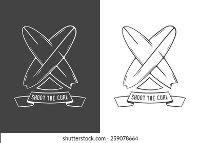 Surfing illustration and emblem with lettering. Stylized image of surf, palm trees, sun, ribbon in vintage style. Illustration for print or T-shirt.
