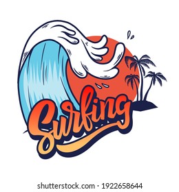 Surfing. Illustration of sea wave with lettering. Design element for t-shirt, poster, card, banner, sign, emblem. Vector illustration