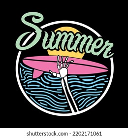 Surfing illustration with summer slogan. Vector graphic design for t-shirt.