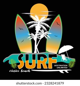 surfing illustration vector design with surfboard,tree and sun background