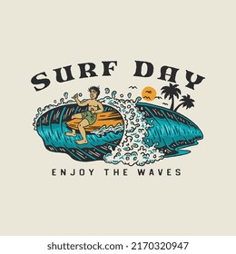 surfing illustration waves design tropical summer vintage t shirt