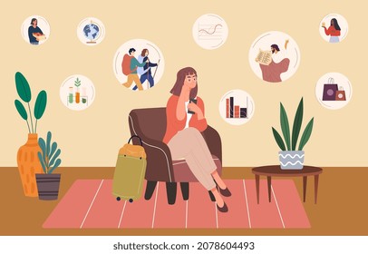 Surfing internet concept. Girl sits in smartphone and reads news. Addiction to gadgets, search for information. Modern technology, comfort, armchair, apartment. Cartoon flat vector illustration