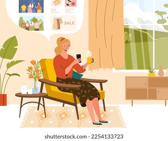 Surfing internet on smartphone. Woman with mug of hot drink in her hands sits in social networks. Rest after work and study, comfort and coziness. Gadgets and devices. Cartoon flat vector illustration