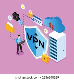 Surfing the internet with VPN for secure connection isometric 3d vector illustration concept for banner, website, illustration, landing page, flyer, etc.
