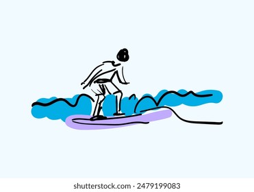 Surfing irregular hand drawn waves on sea background vector illustration