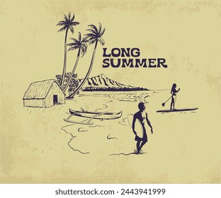 surfing island beach vector drawing, hand drawn palm beach resort, long summer, vintage summer surfing artwork for t shirt, sticker, graphic print, going surfing 