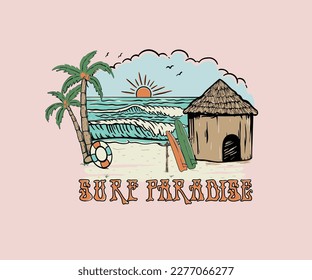 ilustración vectorial retro de la isla surf, diseño de impresión de la playa de surf de verano, hogar surfista, Beach House, cabaña de playa, tipografía del paraíso del surf, arte vectorial de la puesta de sol de la playa de palma