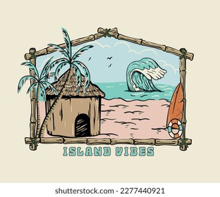 surfing island vector illustration, surf beach house with surfing boat, bamboo vector illustration, retro vintage print design for women, t shirt graphic, poster 
