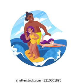 Surfing isolated cartoon vector illustration. Holiday resort activity, family surfing class, children standing up on a surfboard, beach sport, kid catching wave, ocean adventure vector cartoon.