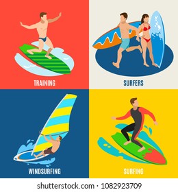 Surfing isometric 2x2 design concept with compositions of sailboard people training and windsurfing on solid background vector illustration