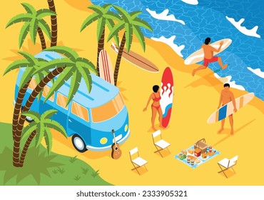 Surfing isometric background with car and people with surfboards on south ocean shore vector illustration