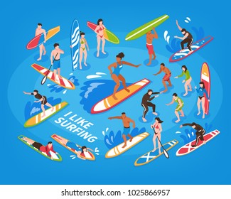 Surfing isometric blue background with male and female sportsmen riding on waves with surfboard vector illustration