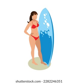 Surfing isometric icon with slim woman standing with surfboard 3d vector illustration