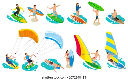 Icons für Surfsurfing mit isolierten Bildern von Surfern und verschiedenen Modellen und Arten von Segelsurfbrettern, Vektorgrafik