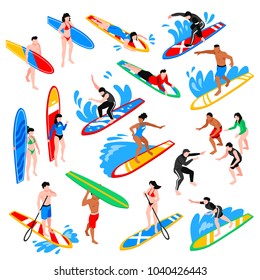 Surfing isometric icons set with coach training young people to riding on surfboard isolated vector illustration 