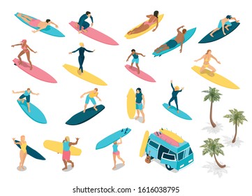 Surfing isometric icons set with experienced riders techniques beginners camper bus for surfboards palms isolated vector illustration