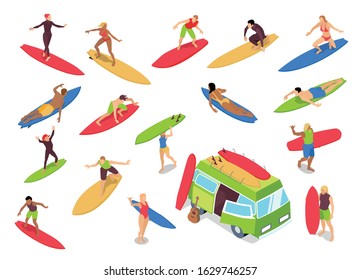 Surfing isometric icons set with woman riders drop knee techniques beginners camper bus surfboards isolated vector illustration