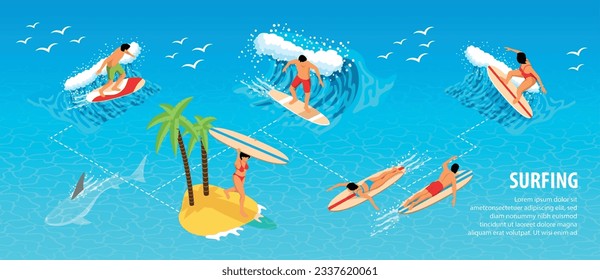 Surfing isometric infographics with people engaged in water sports outdoors vector illustration