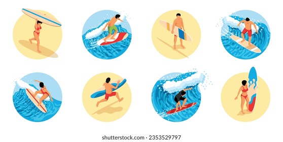 Surfing isometric round compositions with male and female persons catching big wave on surfboard isolated vector illustration