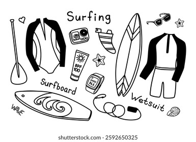 Surfing. Surfing items isolated on white background. Black and white hand drawing. Wetsuit for men and women, surfboard, sun cream, video camera, watch and glasses. Inscriptions with the names of obje