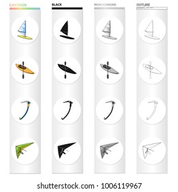Surfing, kayak with an oar, an ice climber of an alpinist, a sport hang glider. Extreme sport set collection icons in cartoon black monochrome outline style vector symbol stock Isometric illustration