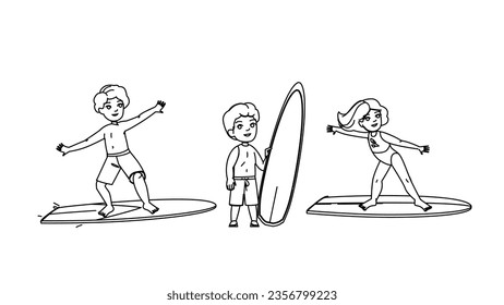 surfing kid vector. surfboard wave, surf beach, ocean surfer, sea sport, board young surfing kid character. people black line illustration