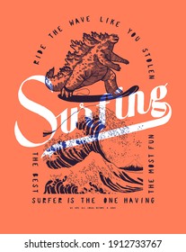 Surfing King of monsters on the wave off Kanagawa. Vintage typography surfing t-shirt print with mythical japanese monster.