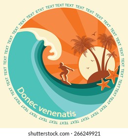 Surfing label illustration for text.Vector symbol seascape with blue wave