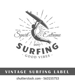 Surfing label isolated on white background. Design element. Template for logo, signage, branding design. Vector illustration
