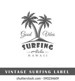 Surfing label isolated on white background. Design element. Template for logo, signage, branding design. Vector illustration