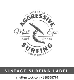 Surfing label isolated on white background. Design element. Template for logo, signage, branding design. Vector illustration