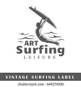 Surfing label isolated on white background. Design element. Template for logo, signage, branding design. Vector illustration