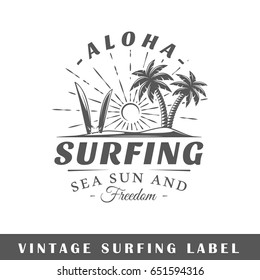 Surfing label isolated on white background. Design element. Template for logo, signage, branding design. Vector illustration
