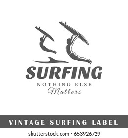 Surfing label isolated on white background. Design element. Template for logo, signage, branding design. Vector illustration