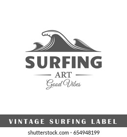 Surfing label isolated on white background. Design element. Template for logo, signage, branding design. Vector illustration