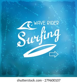 Surfing label on meshes background with stains.
