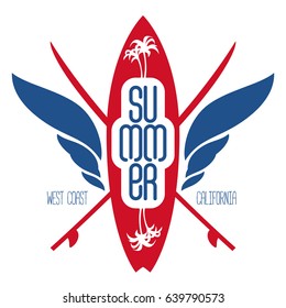 Surfing label with surfboard, palms and waves. Logo, badge, banner or emblem for surf club. Vector illustration with lettering.