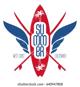 Surfing label with surfboard, palms and waves. Logo, badge, banner or emblem for surf club. Vector illustration with lettering and grunge effect