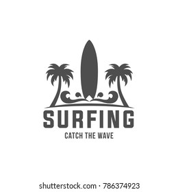 Surfing label with surfboard, palms and waves. Logo, badge, banner or emblem for surf club. Vector illustration