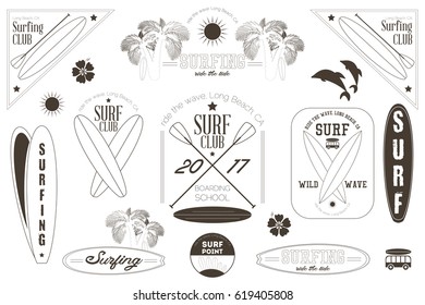 Surfing Labels Black and White Set for Surf Club or Shop. Vector Illustration.