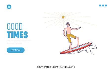 Surfing landing page with cartoon surfer on surf board. Summertime leisure activity, surfing vacation website homepage, tourism and travel concept. Linear vector illustration