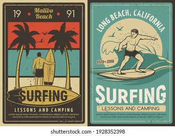 Surfing lessons and camping retro poster. Surfer or surfing instructor standing with surfboard and riding on wave, old van on tropical shore with palm trees vector. Vacation leisure on beach banner