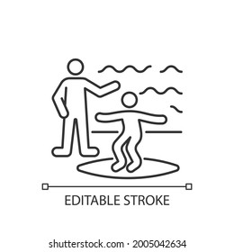 Surfing lessons linear icon. Take surf classes from experienced surfer. Surfing etiquette, tricks. Thin line customizable illustration. Contour symbol. Vector isolated outline drawing. Editable stroke