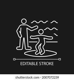 Surfing lessons white linear icon for dark theme. Take surf classes from experienced surfer. Thin line customizable illustration. Isolated vector contour symbol for night mode. Editable stroke